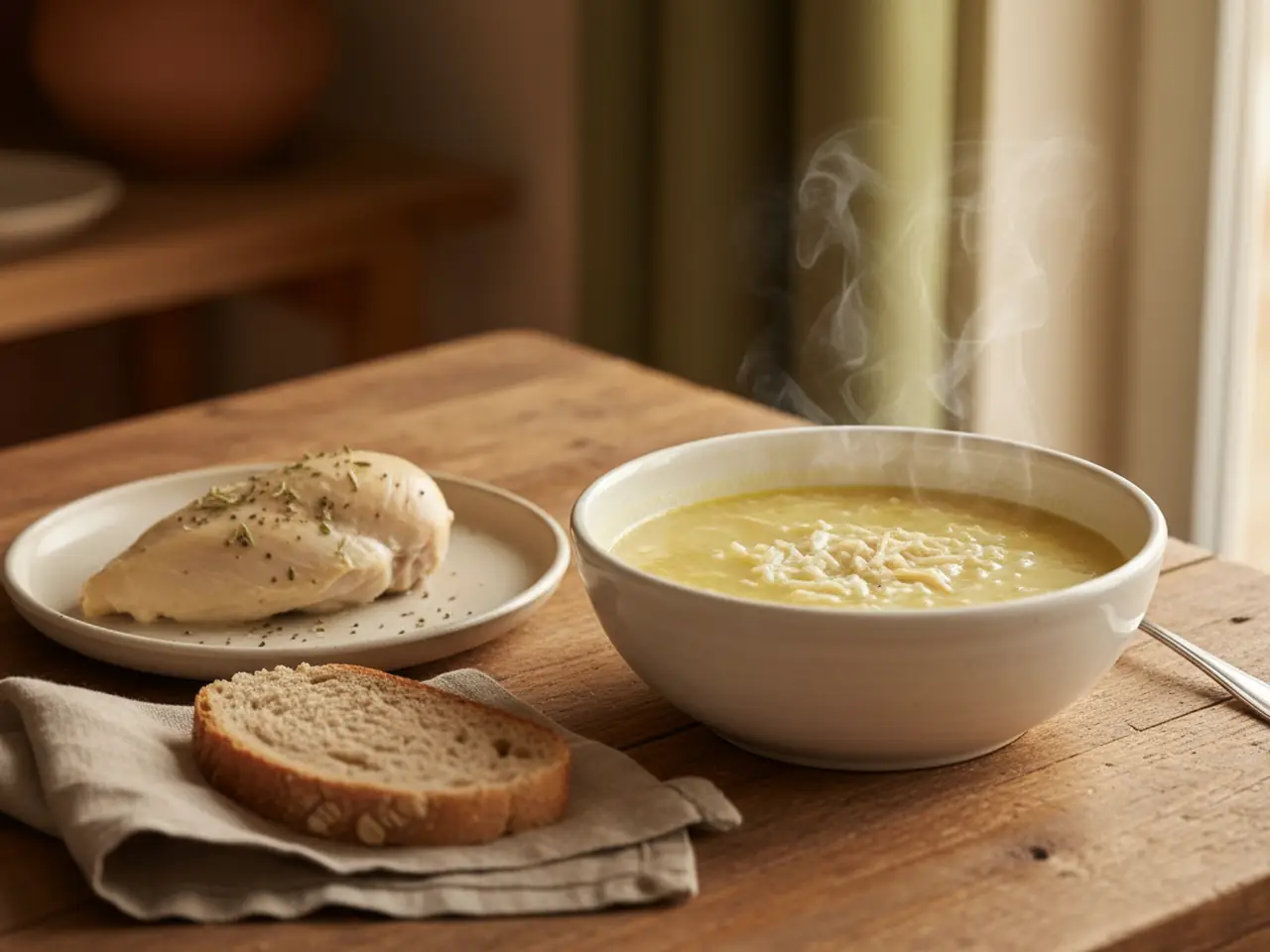 Avgolemoni (egg and lemon soup) with boiled chicken