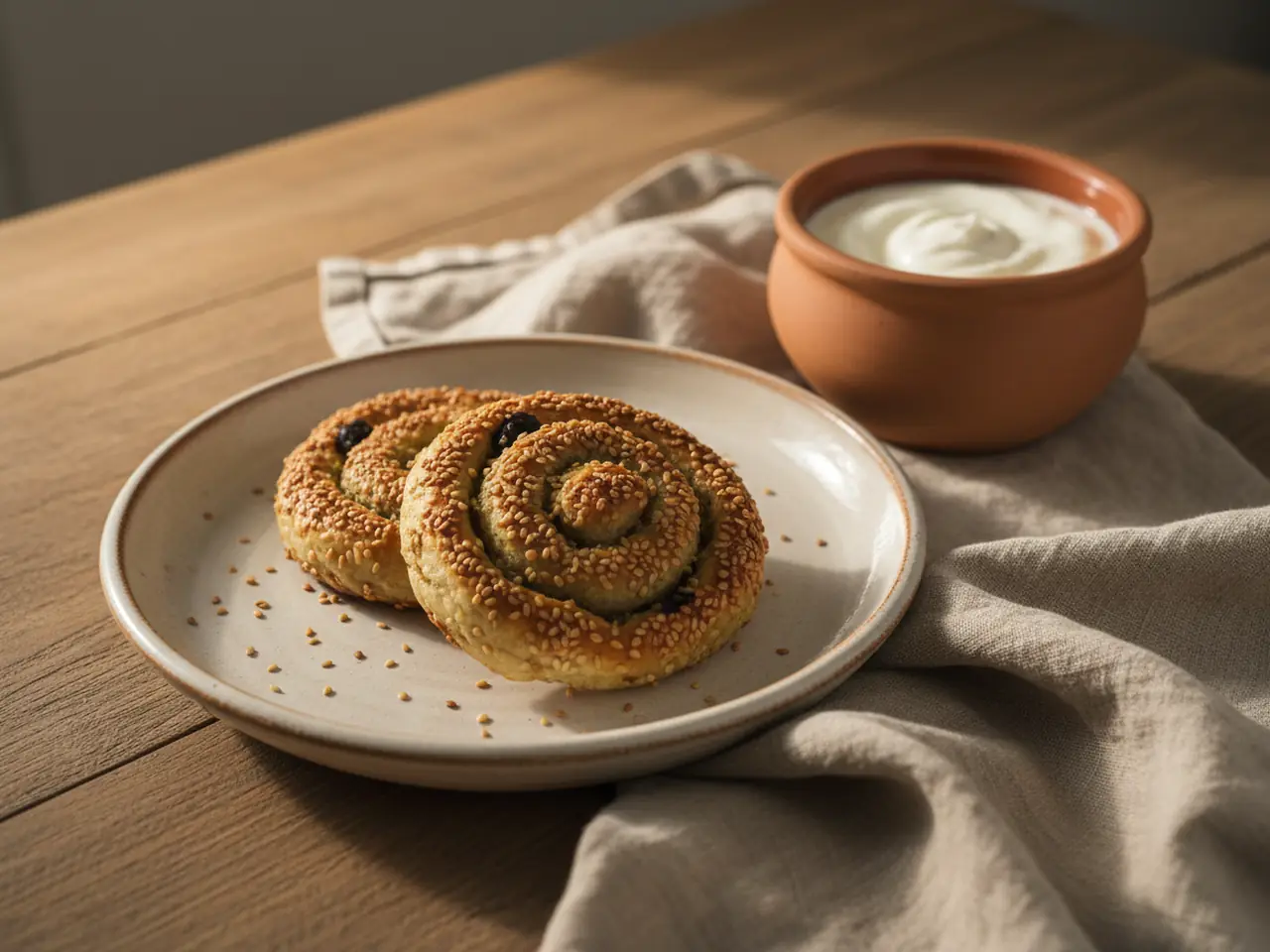 Eliopittakia (Cypriot olive pies) with yoghurt