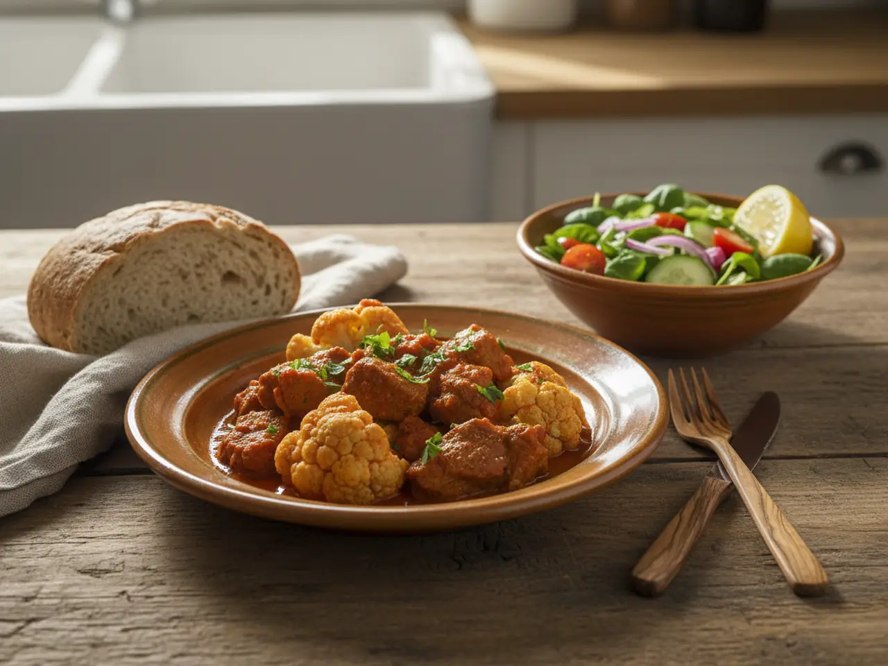 Kappamas (lamb with cauliflower) with bread and salad