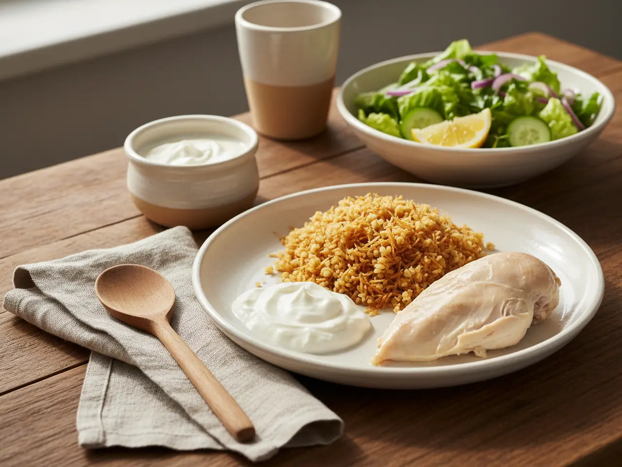 Chicken with pourgouri (bulgur wheat) and yoghurt