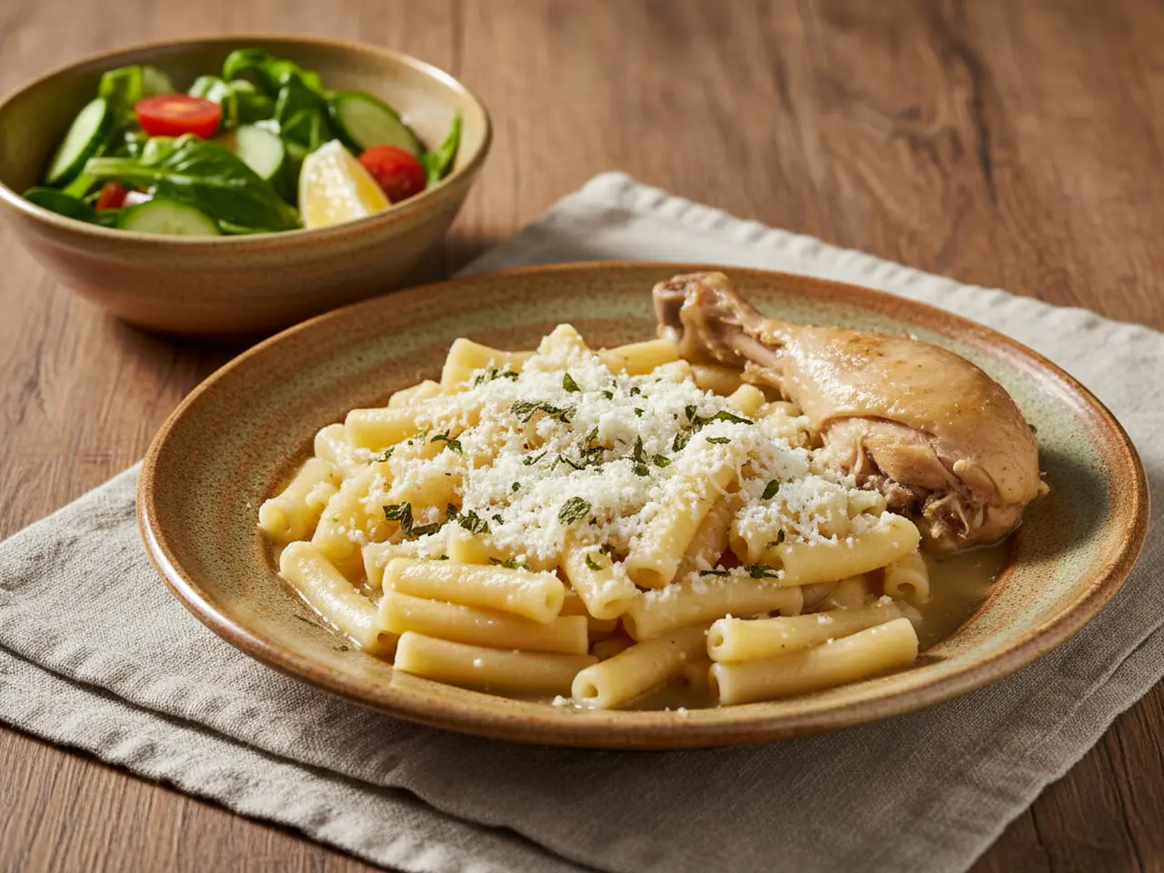 Boiled chicken with pasta, halloumi and mint